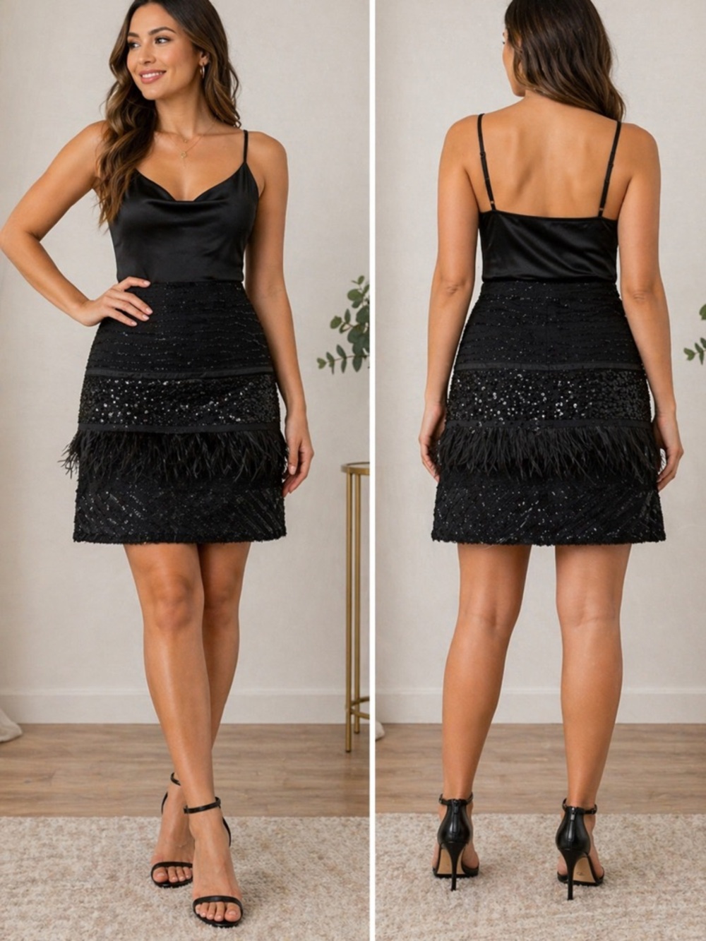 Tuleh Black Mini Skirt with Feather & Sequin Detail